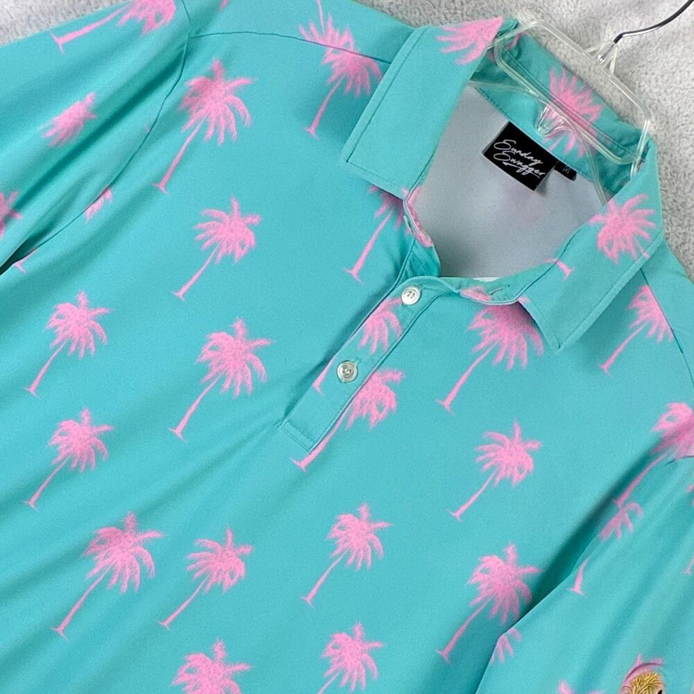 Sunday Swagger Polo Shirt Men M Turquoise Performance Pink Palm AOP Preppy Golf